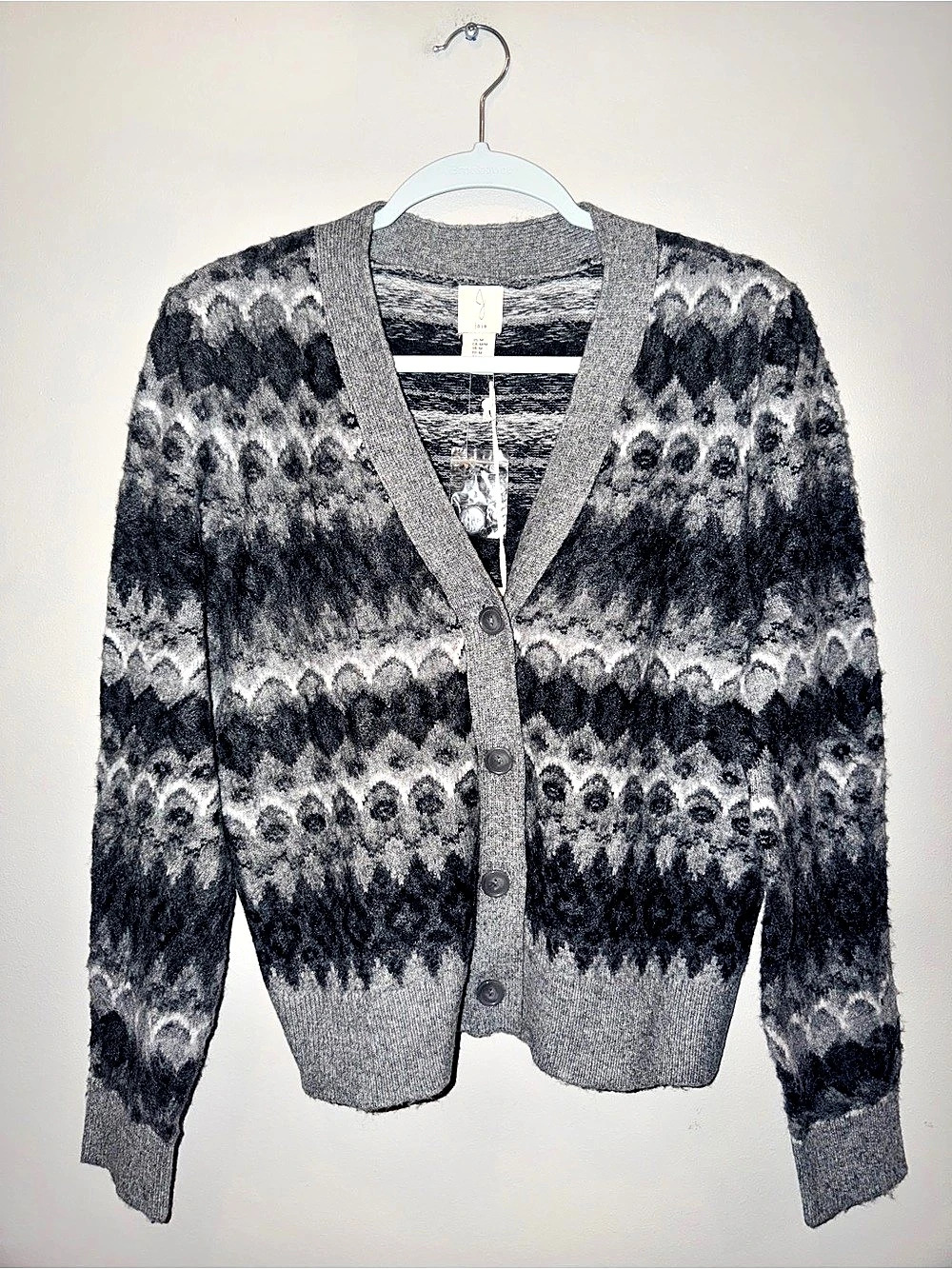 Joie Fair Isle Button-Front Cardigan Sweater in Grayscale Nordic Combo Medium